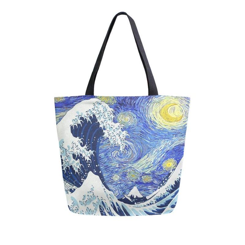 Naanle Starry Sky Canvas Tote Bag Large Women Casual Shoulder Bag Handbag, Japanese Sea Wave Reusable Multipurpose Heavy Duty Shopping Grocery Cotton Bag for Outdoors. - Image 1